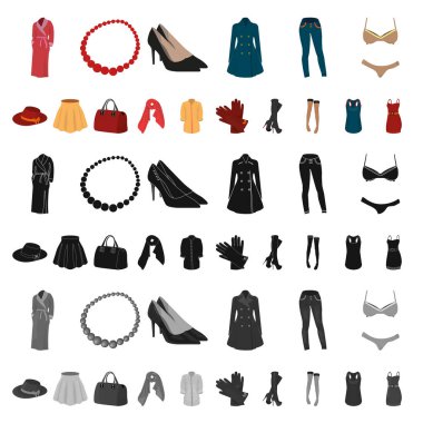 Kadınlar s giyim karikatür simgeleri set koleksiyonu tasarım için. Sembol stok web illüstrasyon vektör giyim çeşitleri ve aksesuarlar.
