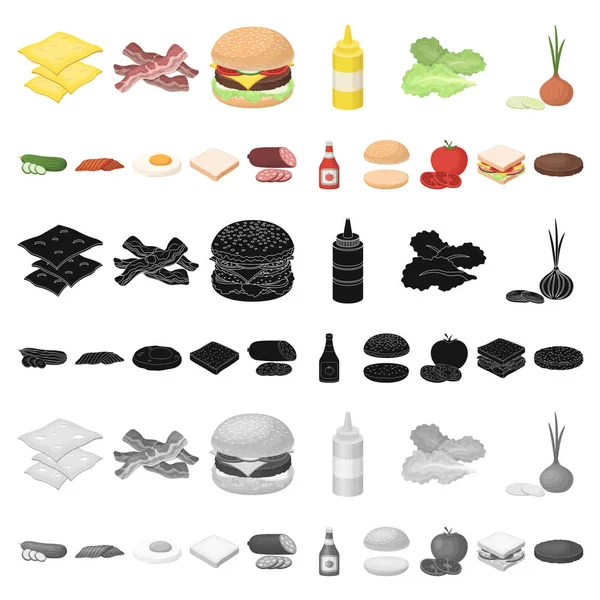 Burger e ingredientes desenhos animados ícones na coleção de conjuntos para design. Burger cozinhar vetor símbolo web ilustração . — Vetor de Stock