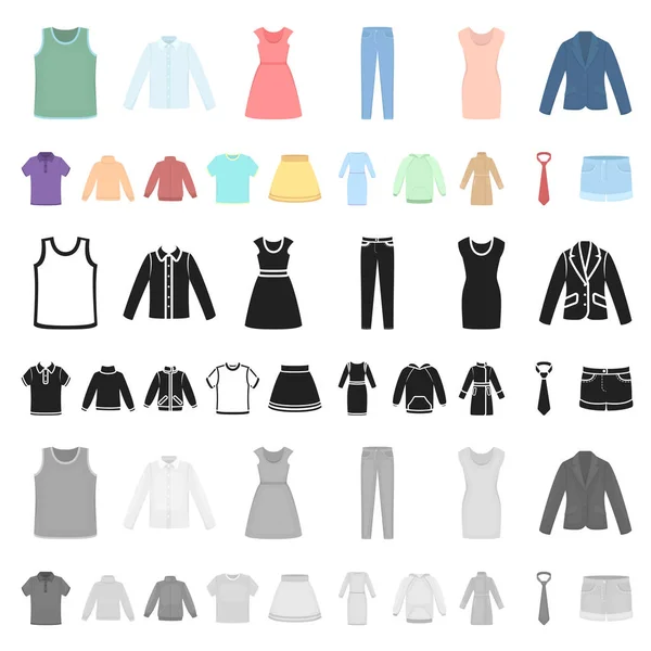 Diferentes tipos de iconos de dibujos animados de ropa en la colección de conjuntos para el diseño. Ropa y estilo vector símbolo stock web ilustración . — Vector de stock