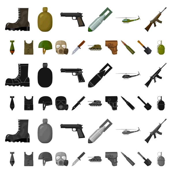 Icone dei cartoni animati dell'esercito e dell'armamento nella collezione di set per il design. Armi e attrezzature simbolo vettoriale stock web illustrazione . — Vettoriale Stock