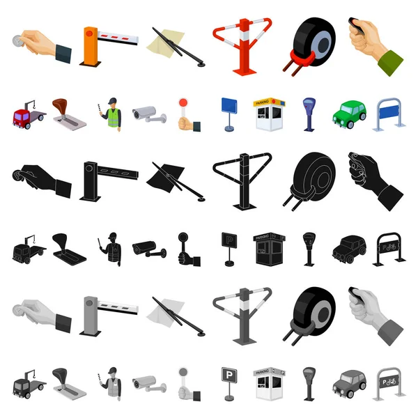 Parkering för bilar tecknad ikoner i set insamling för design. Utrustning och service vektor symbol lagerför web illustration. — Stock vektor