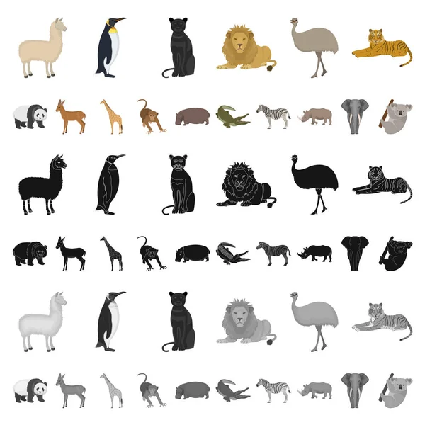 Ícones de desenhos animados de animais diferentes na coleção de conjuntos para design. ilustração da teia do estoque do símbolo do vetor do pássaro, do predador e do herbívoro . —  Vetores de Stock