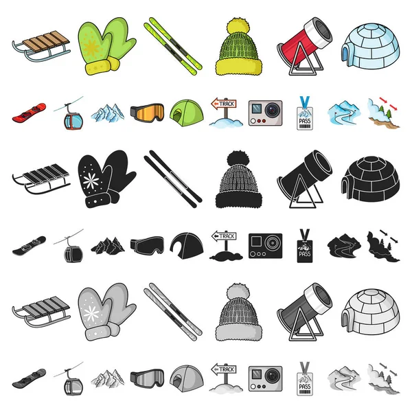 Ski resort and equipment cartoon icons in set collection for design. Entertainment and recreation vector symbol stock web illustration.
