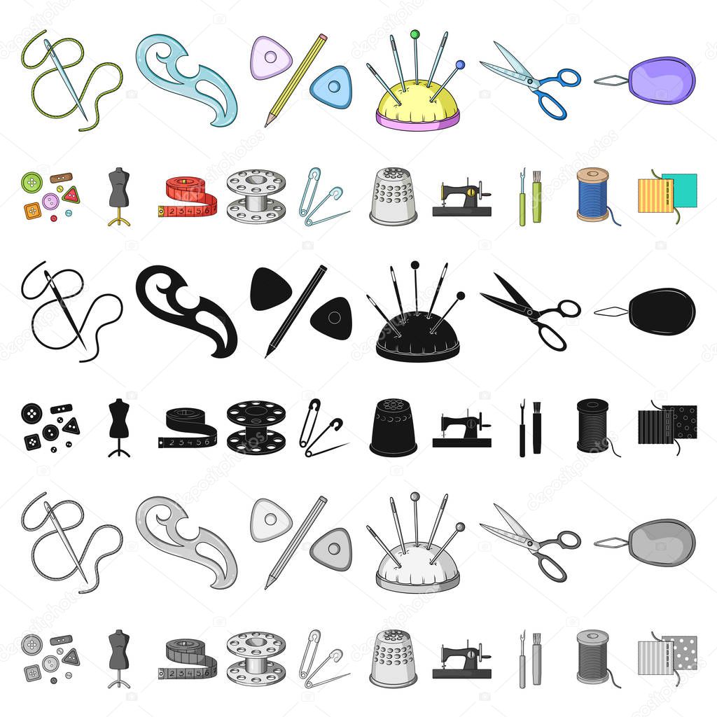 Sewing, atelier cartoon icons in set collection for design. Tool kit vector symbol stock  illustration.