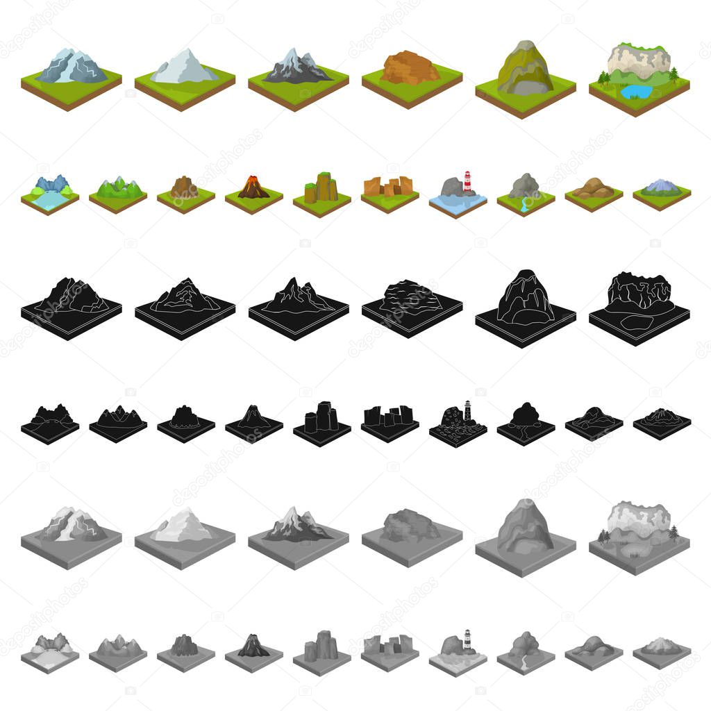 Mountains, massive cartoon icons in set collection for design. The surface of the earth vector isometric symbol stock  illustration.