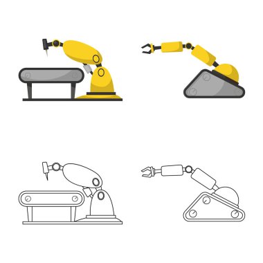 Robot ve fabrika simge vektör tasarımı. Robot ve uzay hisse senedi vektör çizim seti.