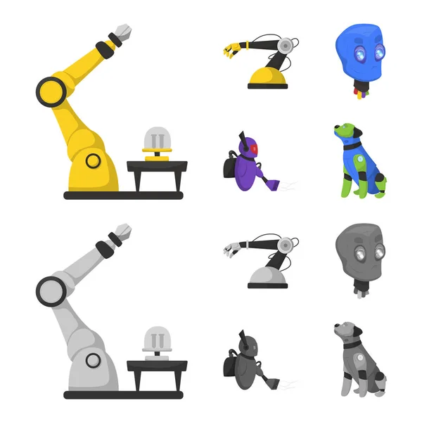 Векторная иллюстрация робота и иконки завода. Коллекция векторных иллюстраций робота и космоса . — стоковый вектор