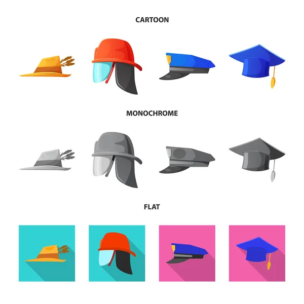 Vektor illustration av huvudbonader och cap tecken. Uppsättning av huvudbonader och tillbehör aktiesymbol för webben. — Stock vektor