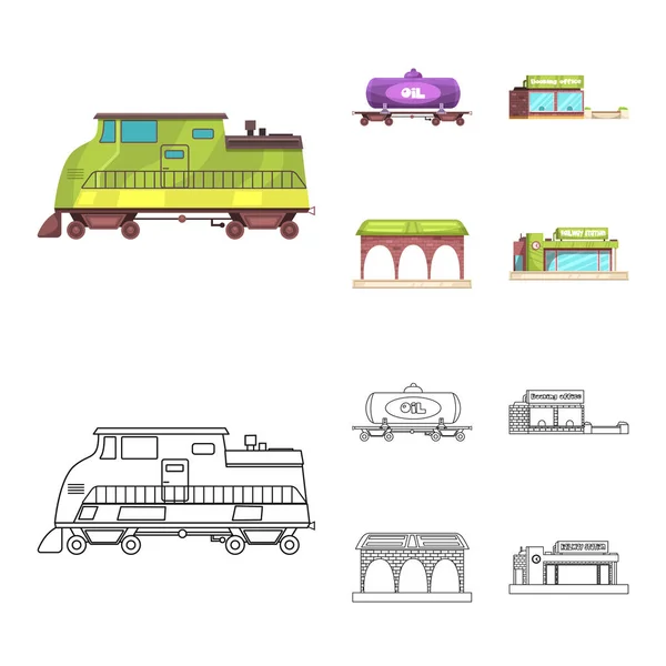 Illustration vectorielle des panneaux de train et de gare. Collection d'illustrations vectorielles de stock de trains et de billets . — Image vectorielle