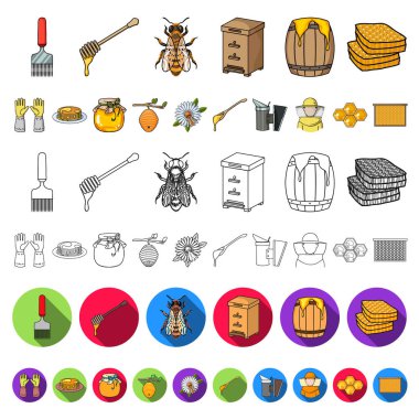 Set koleksiyonu tasarım için arı kovanı ve arıcılık karikatür simgeler. Ekipman ve bal üretim sembol stok web illüstrasyon vektör.