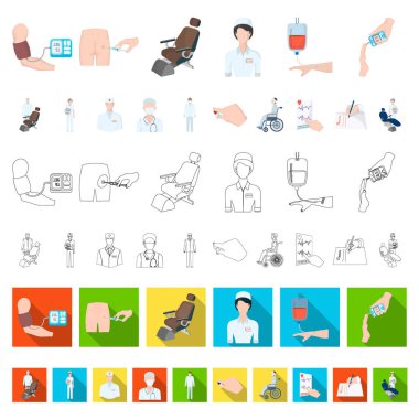 Set koleksiyonu tasarım için ilaç ve tedavi karikatür simgeler. Hastane ve ekipman sembol stok web illüstrasyon vektör.