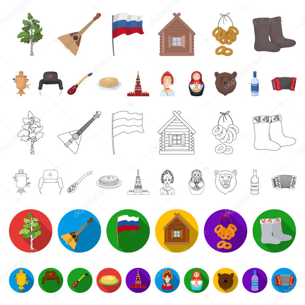 Country Russia, travel cartoon icons in set collection for design. Attractions and features vector symbol stock web illustration.