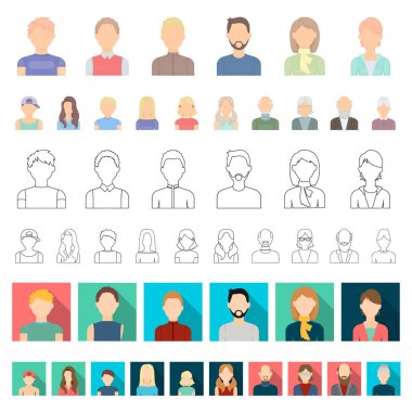 Set koleksiyonu tasarım için avatar ve yüz karikatür simgeler. Bir kişi s görünüm vektör simge stok web çizim.