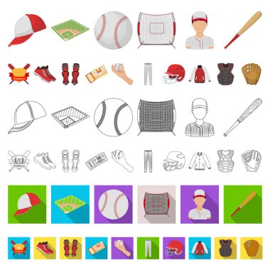 Beyzbol ve öznitelikleri set koleksiyonu tasarım için simgeleri karikatür. Sembol stok web illüstrasyon vektör beyzbol oyuncusu ve ekipman.