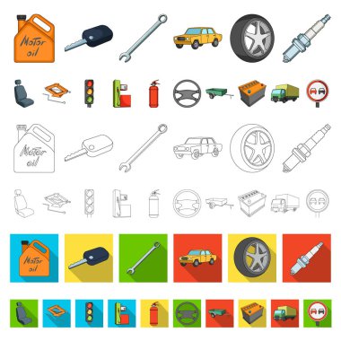 Araba, araç karikatür simgeleri toplama tasarımı için ayarlayın. Araba ve ekipman sembol stok web illüstrasyon vektör.