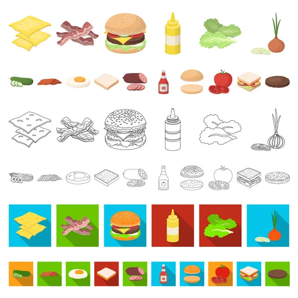 Burger e ingredientes desenhos animados ícones na coleção de conjuntos para design. Burger cozinhar vetor símbolo web ilustração . — Vetor de Stock