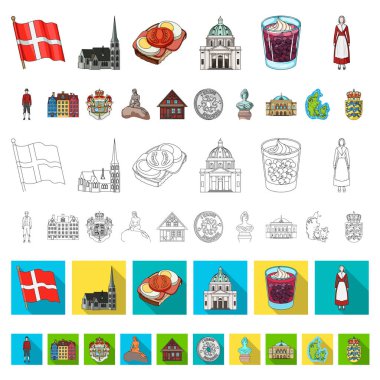 Set koleksiyonu tasarım için ülke Danimarka karikatür simgeler. Seyahat ve etkinlikler Danimarka sembol stok web illüstrasyon vektör.