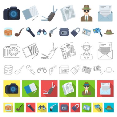 Dedektif ve öznitelikleri set koleksiyonu tasarım için simgeleri karikatür. Dedektif ajansı vektör simge stok web çizim.