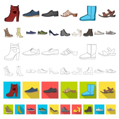 Farklı ayakkabı set koleksiyonu tasarım için simgeleri karikatür. Erkek kadın ve s s ayakkabıları sembol stok web illüstrasyon vektör.