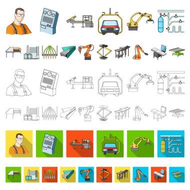 Ekipman ve makine karikatür simgeleri set koleksiyonu tasarım için. Fabrika vektör simge stok web çizim teknik ilerleme.