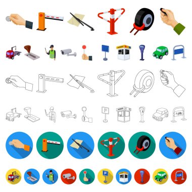 Set koleksiyonu tasarım için araba karikatür simgeleri için park yeri. Ekipman ve hizmet vektör simgesi web illüstrasyon stok.