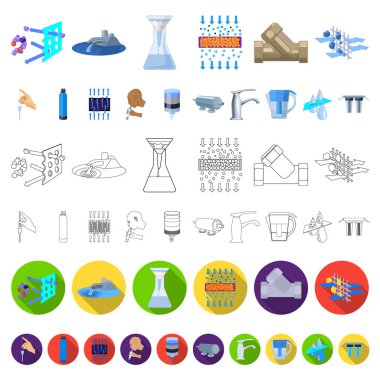 Su filtrasyon sistemi karikatür simgeleri set koleksiyonu tasarım için. Temizlik ekipmanları vektör simge stok web çizim.