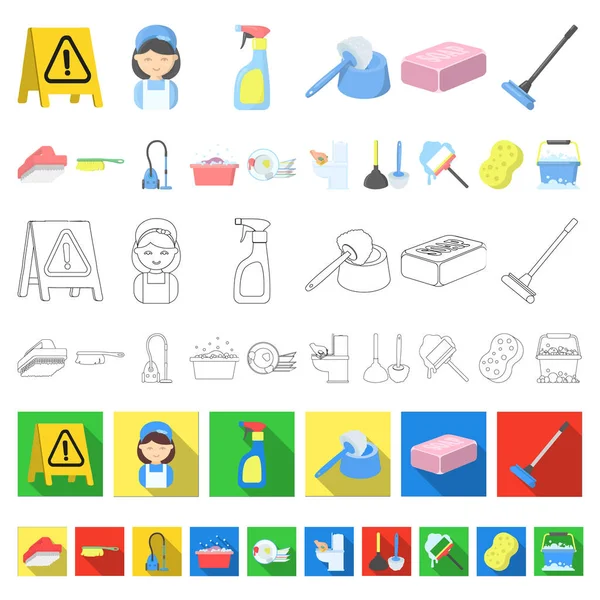 Cleaning and maid cartoon icons in set collection for design. Equipment for cleaning vector symbol stock web illustration.