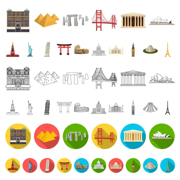 Sevärdheterna i olika länder tecknad ikoner i set samling för design. Berömda byggnaden vektor symbol lager web illustration. — Stock vektor