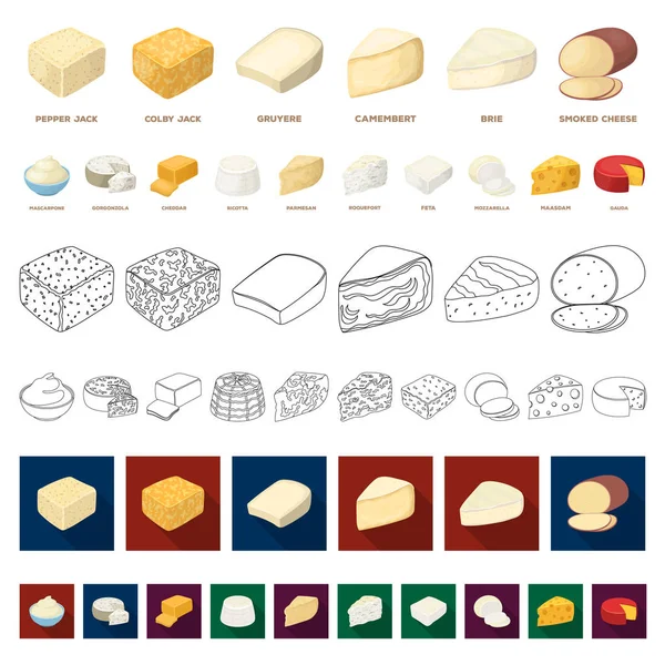 Diversi tipi di icone dei cartoni animati di formaggio nella collezione di set per design.Milk prodotto formaggio vettore simbolo stock web illustrazione . — Vettoriale Stock