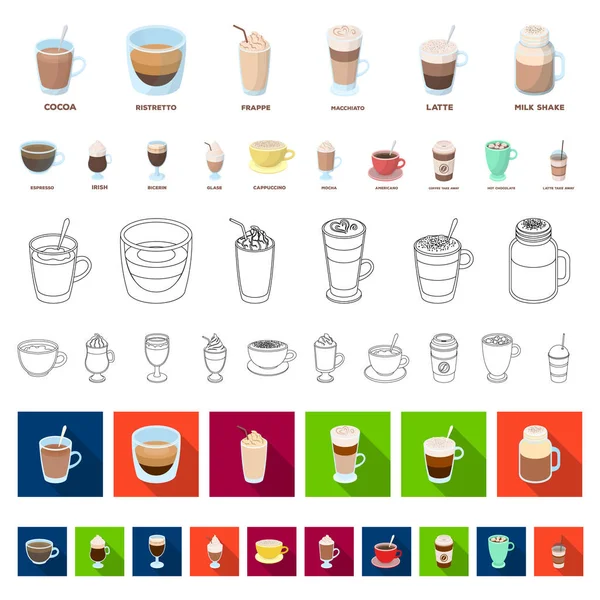 Diversi tipi di icone dei cartoni animati di caffè nella collezione di set per il design. Caffè bevanda vettore simbolo stock web illustrazione . — Vettoriale Stock