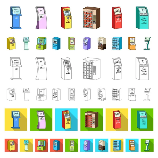 Варьирование терминалов в наборе для дизайна. Векторная веб-иллюстрация векторных символов банкоматов и торговых устройств . — стоковый вектор