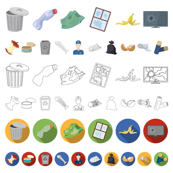 Icone dei cartoni animati della spazzatura e dei rifiuti nella raccolta dei set per il design. Pulizia vettoriale spazzatura simbolo stock web illustrazione . — Vettoriale Stock