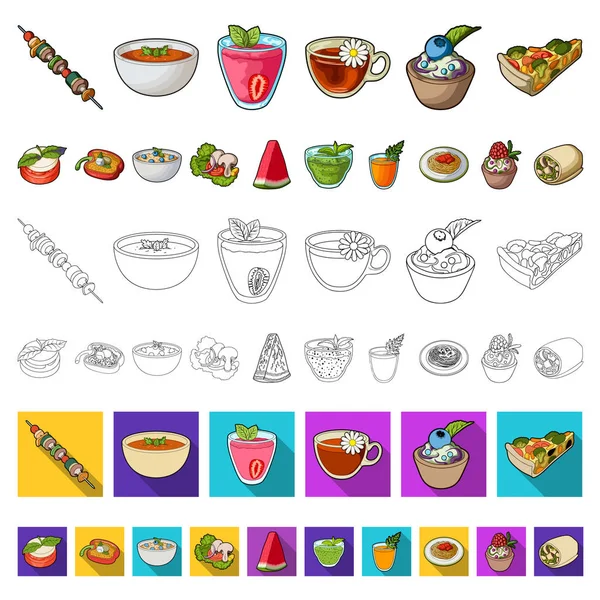 Iconos de dibujos animados plato vegetariano en la colección de conjuntos para design.Vegetable y la leche símbolo de vectores de alimentos stock web ilustración . — Archivo Imágenes Vectoriales