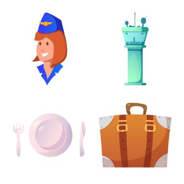 Havaalanı ve uçak işareti vektör tasarımı. Hisse senedi için Havaalanı ve uçak vektör simge kümesi.