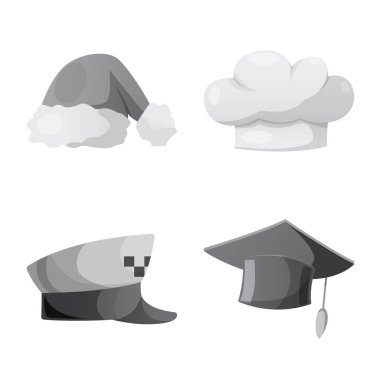 Şapkalar ve kap simge vektör tasarımı. Şapkalar ve hisse senedi için aksesuar vektör simge kümesi.