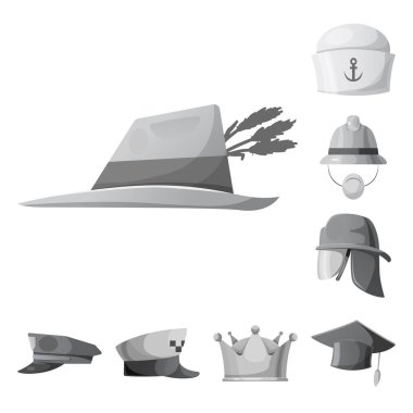 Şapkalar ve kap logosu yalıtılmış nesne. Şapkalar ve hisse senedi için aksesuar vektör simge kümesi.