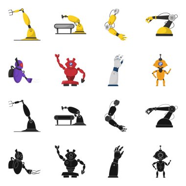 Robot ve fabrika işareti vektör tasarımı. Robot ve uzay hisse senedi simgesi için web topluluğu.