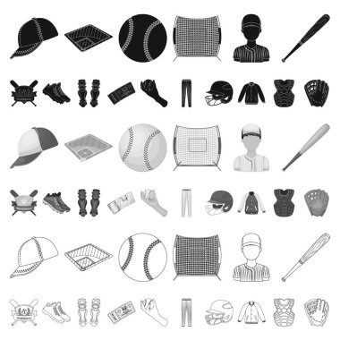 Beyzbol ve öznitelikleri set koleksiyonu tasarım için simgeleri karikatür. Sembol stok web illüstrasyon vektör beyzbol oyuncusu ve ekipman.