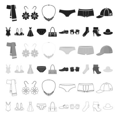 Giysi ve aksesuarları set koleksiyonu tasarım için simgeleri karikatür. Ayakkabı ve dekorasyon sembol stok web illüstrasyon vektör.