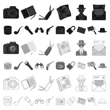 Dedektif ve öznitelikleri set koleksiyonu tasarım için simgeleri karikatür. Dedektif ajansı vektör simge stok web çizim.