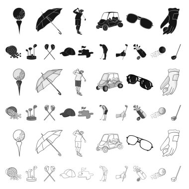 Golf ve öznitelikleri set koleksiyonu tasarım için simgeleri karikatür. Golf Kulübü ve ekipman sembol stok web illüstrasyon vektör.