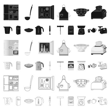 Set koleksiyonu tasarım için mutfak ekipman karikatür simgeler. Sembol stok web illüstrasyon vektör mutfak ve aksesuarları.