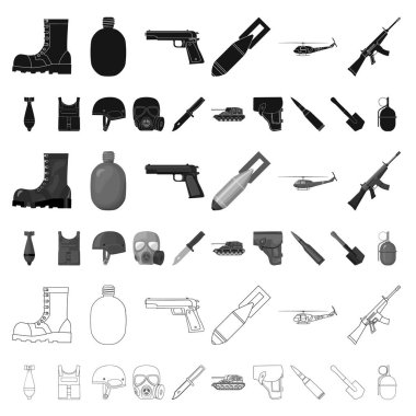 Set koleksiyonu tasarım için ordu ve donatma karikatür simgeler. Silah ve teçhizat sembol stok web illüstrasyon vektör.