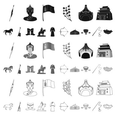 Set koleksiyonu tasarım için ülke Moğolistan karikatür simgeler. Bölge ve dönüm noktası sembol stok web illüstrasyon vektör.