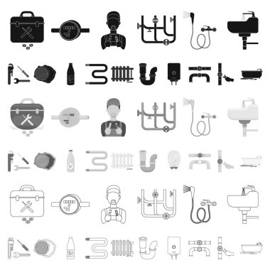 Sıhhi tesisat, set koleksiyonu tasarım için karikatür simgeleri uydurma. Cihazlar ve sembol stok web illüstrasyon vektör.