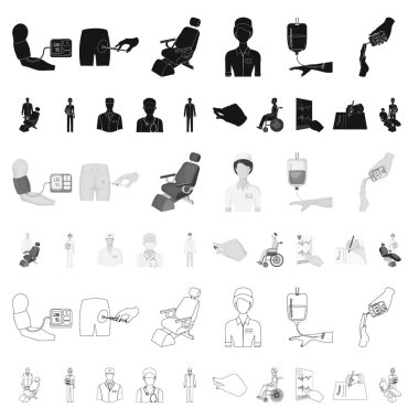 Set koleksiyonu tasarım için ilaç ve tedavi karikatür simgeler. Hastane ve ekipman sembol stok web illüstrasyon vektör.
