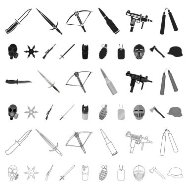 Silah türleri set koleksiyonu tasarım için simgeleri karikatür. Ateşli silahlar ve kanatlı silah sembol stok web illüstrasyon vektör.