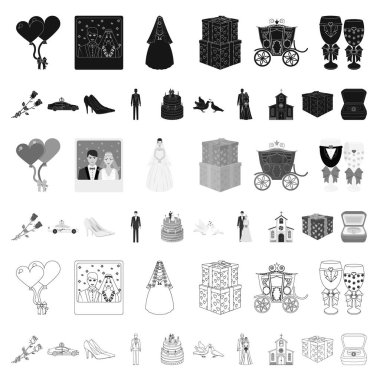 Düğün ve öznitelikleri set koleksiyonu tasarım için simgeleri karikatür. Sembol stok web illüstrasyon vektör yeni evliler ve aksesuarları.