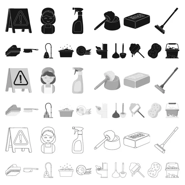 Reinigung und Dienstmädchen Cartoon-Symbole in Set-Kollektion für Design. Ausrüstung für die Reinigung von Vektorsymbol stock web illustration. — Stockvektor