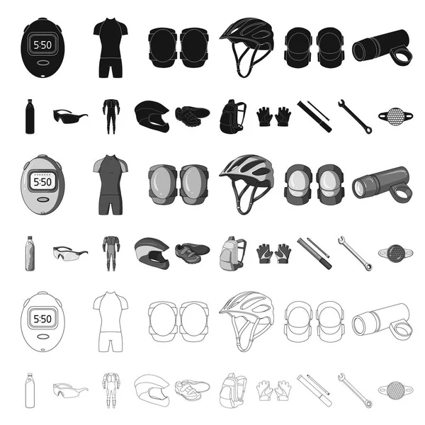 Fiets outfit cartoon pictogrammen in set collectie voor design. Fiets- en gereedschap symbool voorraad web vectorillustratie. — Stockvector